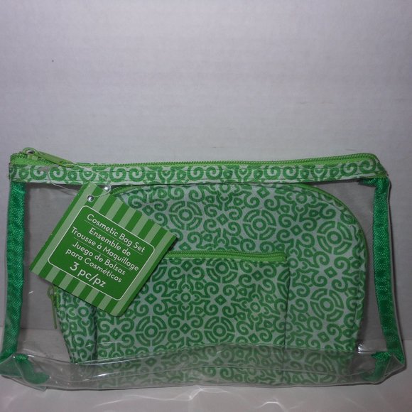 THREE PIECE GREEN AND WHITE COSMETIC BAG SET - Picture 2 of 5